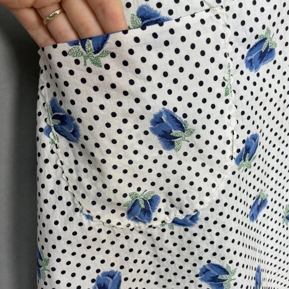 Vintage Half Apron Blue Roses Polka Dot Floral Tie Back Pocket Hostess Retro - Picture 8 of 8
